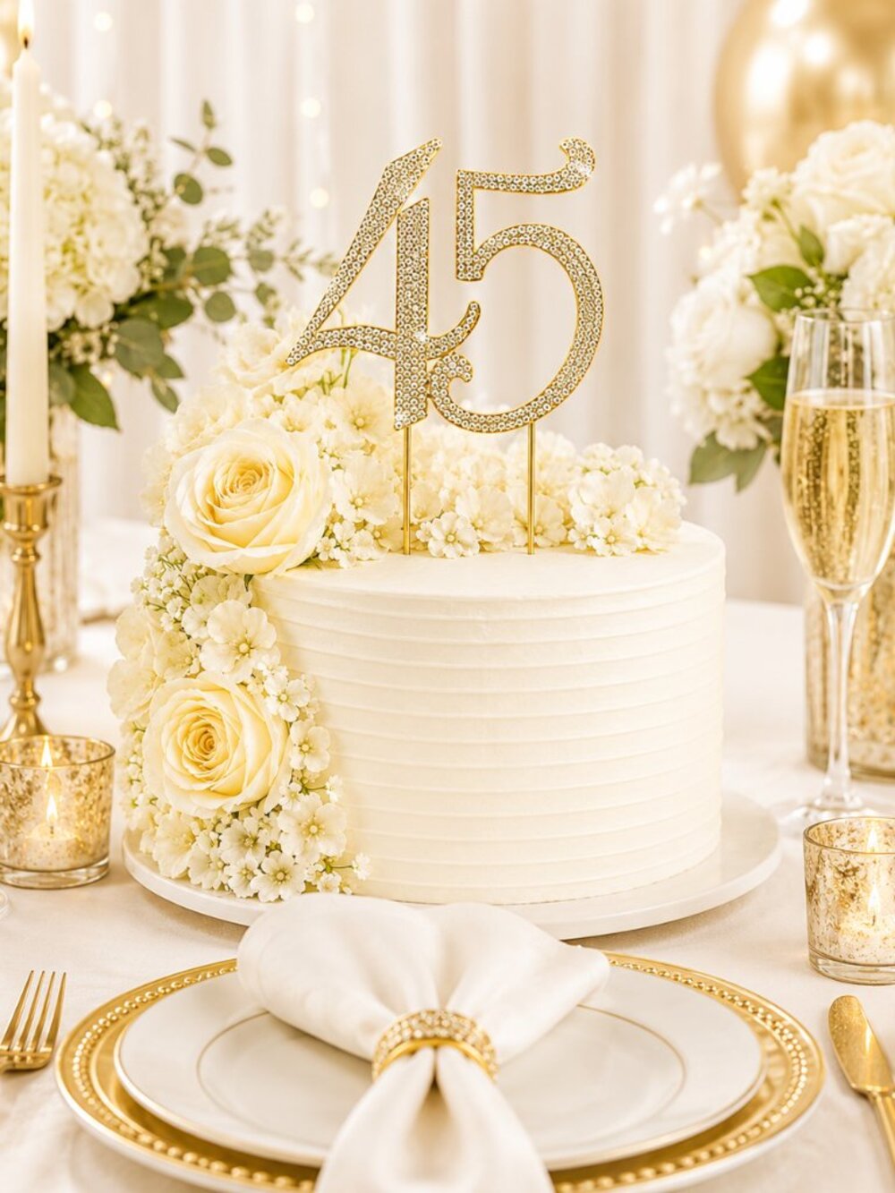 Rhinestone Cake Topper - Number 45 - Gold Metal with Czech Rhinestones